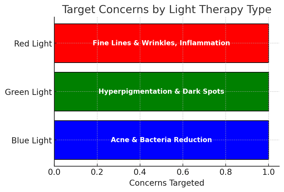 A graph that shows A bar chart showing the target concerns addressed by different light therapies: blue light for acne and bacteria reduction, green light for hyperpigmentation and dark spots, and red light for fine lines, wrinkles, and inflammation. For an article about red light therapy winnipeg