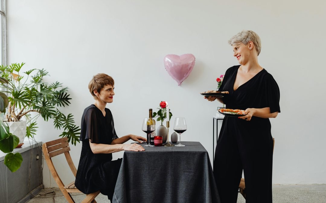 A couple celebrating Valentine's Day with a romantic meal.